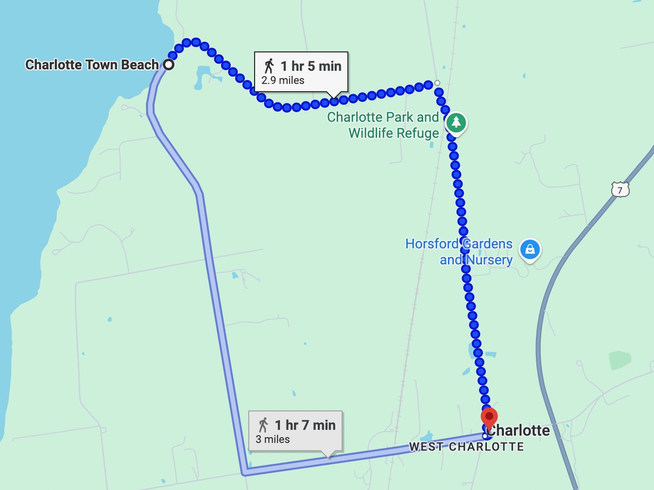 Route map from Old Brick Store to Charlotte Town Beach